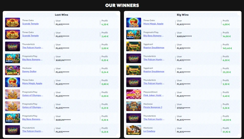 MegaRich recent winners leaderboard showing player payouts